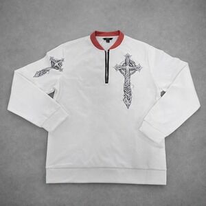 Ouku Mens‎ White Celtic Cross Graphic Quarter Zip Pullover Sweatshirt Medium NWT
